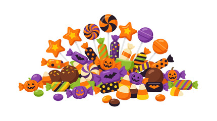 Fototapeta premium Colorful Pile of Assorted Halloween Candies and Sweets for Trick or Treat Party Flat Vector Illustration