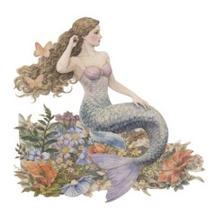 Fototapeta premium Enchanting mermaid amidst vibrant flowers.