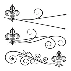 Elegant set of black floral scrolls and vintage fleur de lis ornaments for graphic design projects isolated on white background with detailed swirly artistic curves. © Md.Belal
