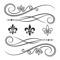 Decorative fleur de lis symbols and calligraphic swashes set for heraldic design and vintage branding projects featuring elegant floral ornaments and flourishes black. © Md.Belal