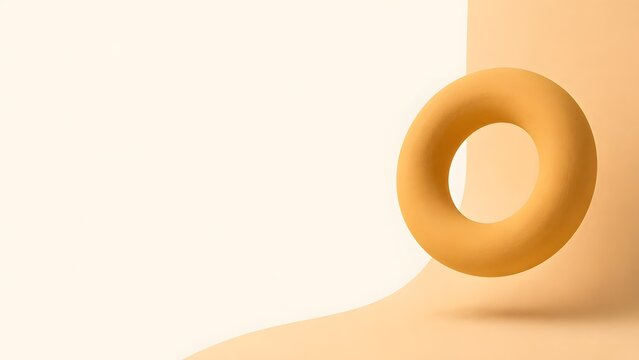 Minimalist floating yellow torus ring on warm beige wall background with soft shadow. High quality render suitable for modern abstract product presentation and advertising banner.