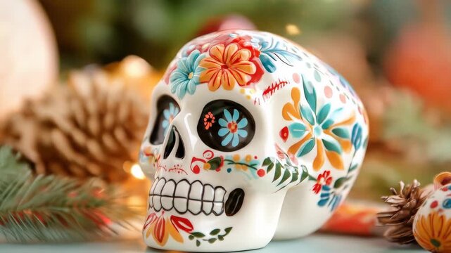 Colorful ceramic skull with floral designs in bright sunlit room setting