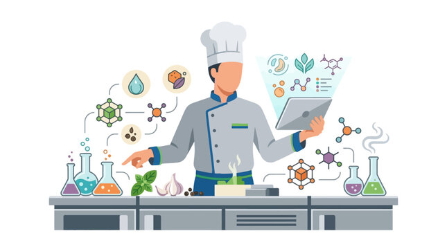 Professional chef analyzing molecular gastronomy data with digital tablet in culinary laboratory flat design vector illustration.
