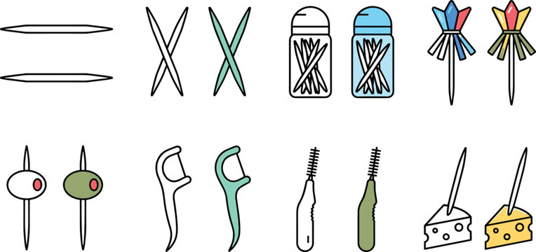Toothpick and Cocktail Pick Icon Set Featuring Dental Flossers, Interdental Brushes, Olive Skewers, Frill Party Picks, and Cheese Appetizer Sticks for Oral Care and Catering Vector
