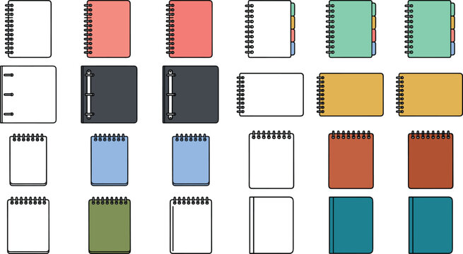 Spiral Notebook and Diary Icon Set Featuring Ring Binders, Notepads with Page Dividers, Sketchbooks, and Academic Exercise Book Symbols for Office Stationery Vector Design