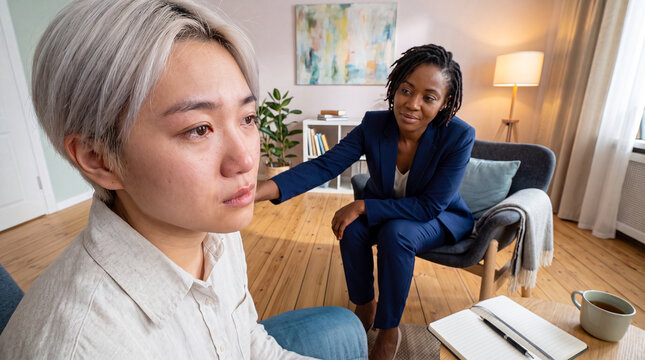 A male patient with an anxiety disorder at a therapist's appointment. Individual psychotherapy in a cozy office, professional psychological help