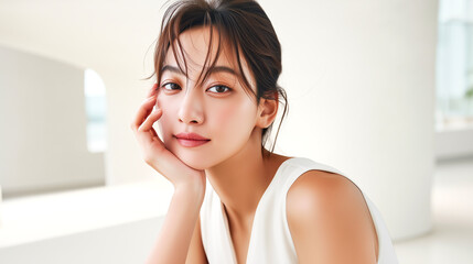 Naklejka premium 白いノースリーブを着た若い女性のナチュラルなポートレート