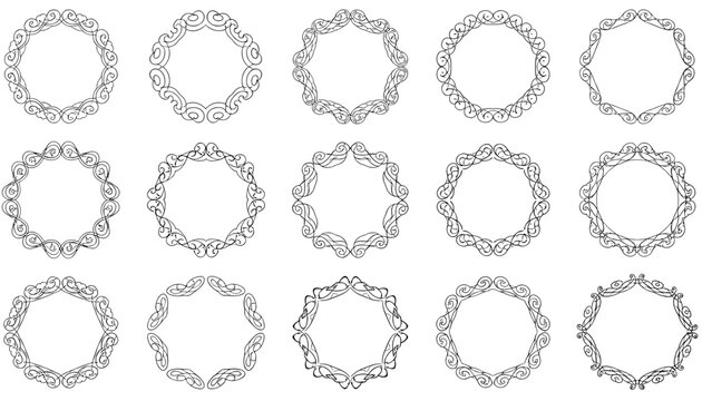 Large collection of elegant vintage floral circle frames and calligraphic border ornaments on a white background.