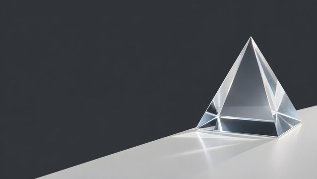 Clear glass pyramid prism casting soft light reflections on dark grey and light grey surface. High resolution photograph suitable for science optics concepts and modern product backdrop.