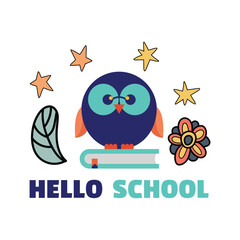 Naklejka premium cute owl on book hello school graphic