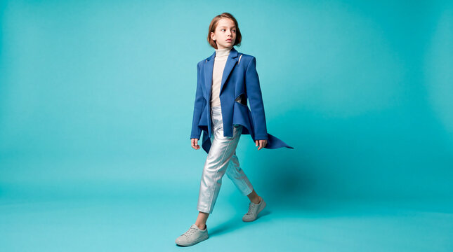 A teenage girl model demonstrates children's clothes in a studio against the background of a blue cyclorama for an advertising campaign for a new collection of fashionable designer clothes