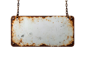 Fototapeta na wymiar Blank rusty metal sign hanging on chains, providing an antique surface and copy space, isolated with transparent background