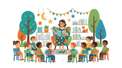 Fototapeta premium Female teacher reading book to diverse children during library storytime session flat vector illustration.