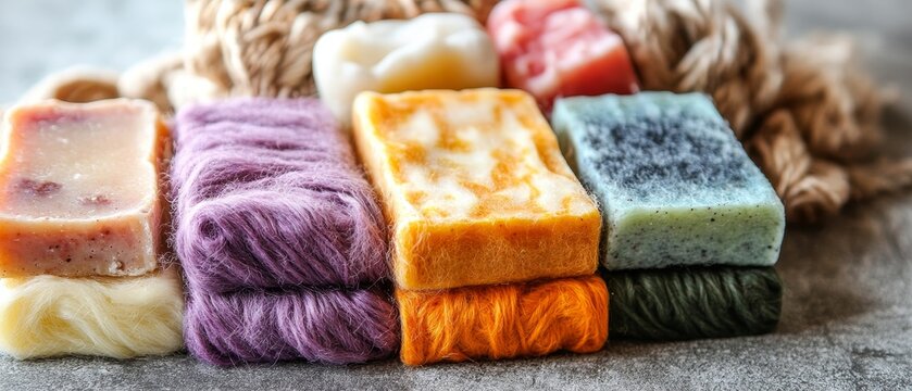 Colorful handmade soaps displayed on wool, showcasing natural and artisanal bath products