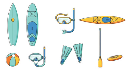 Colorful illustration of various water sports equipment including boards paddles and masks © Ferdous_Studio1989