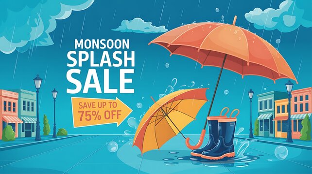 Monsoon splash sale banner with umbrellas and rain boots