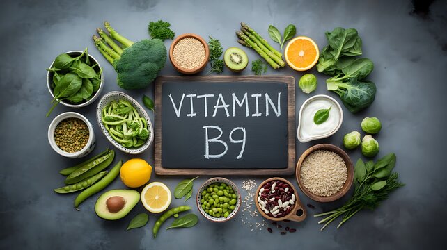 Healthy food sources rich in vitamin b9 on dark background