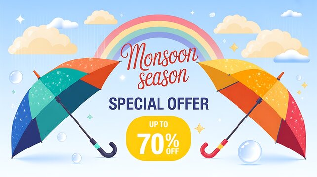 Monsoon season special offer banner with rainbow and umbrellas