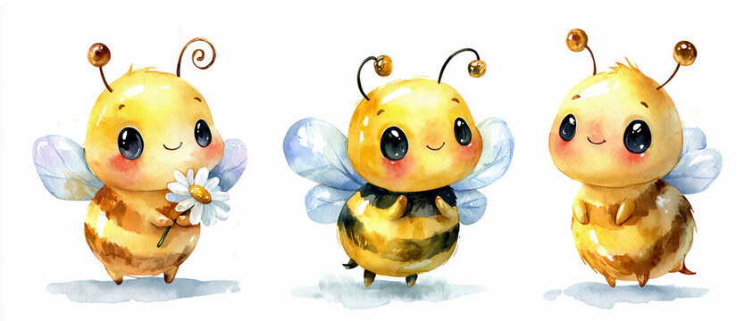 Cute bee character watercolor illustration insect mascot floral wing smiling face yellow body cartoon style isolated background