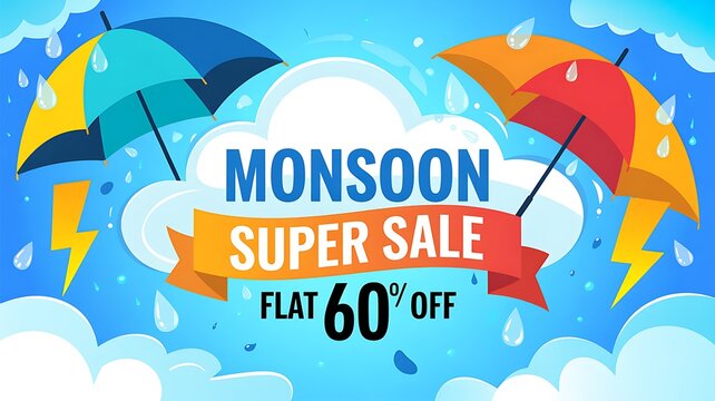 Monsoon super sale banner with colorful umbrellas and rain