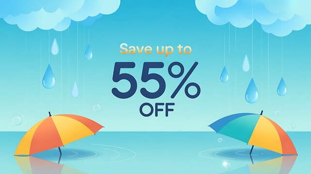 Rainy weather sale banner with colorful umbrellas