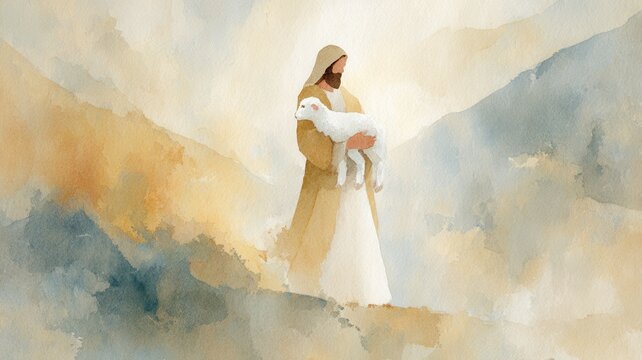 Good shepherd embracing lamb in a gentle watercolor landscape symbolizing care guidance and spiritual devotion