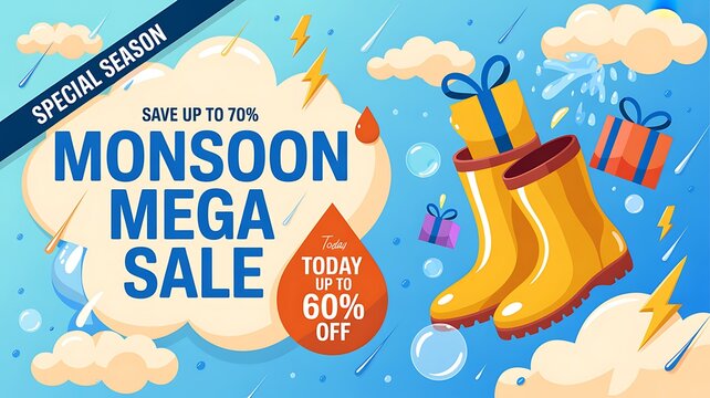 Monsoon mega sale banner with rain boots and gift boxes
