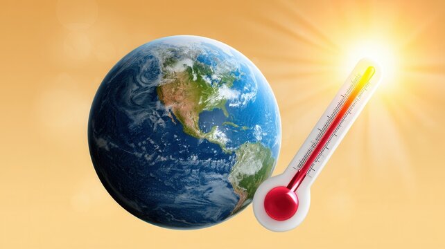 Planet earth affected by global warming concept featuring a thermometer with high red mercury and bright sun rays