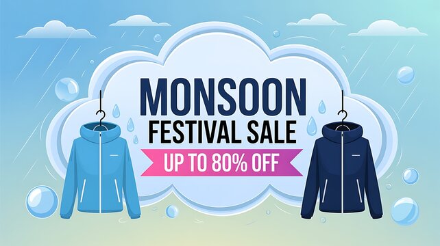 Monsoon festival sale banner with jackets on hangers