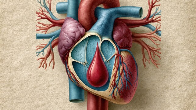 National Minority Donor Awareness Month: anatomical illustration, cross-section of the human heart and circulatory system with a blood donation drop motif, precise clinical linework