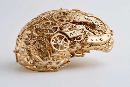 Intricate golden steampunk brain sculpture with visible gears and mechanical components, symbolizing artificial intelligence.