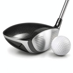 Fototapeta premium Modern golf driver club head with a dimpled white golf ball rendered on isolated backdrop. Perfect for golf club advertisements, tournament banners, sports training guides, and recreation websites.