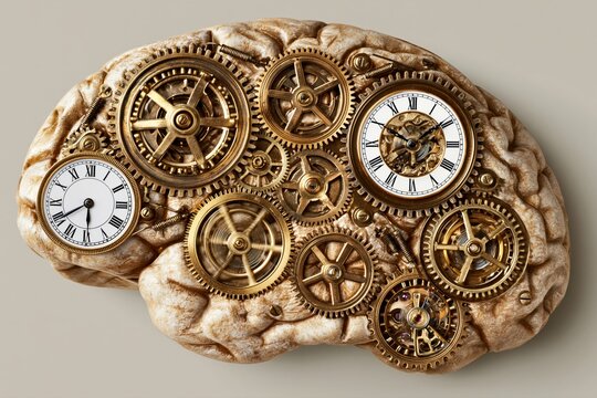 Intricate mechanical brain with golden gears and clock faces symbolizing time and thought processes.