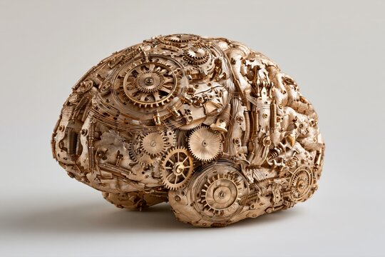 Intricate steampunk brain sculpture made of gears and mechanical parts, symbolizing artificial intelligence and complex thought processes.
