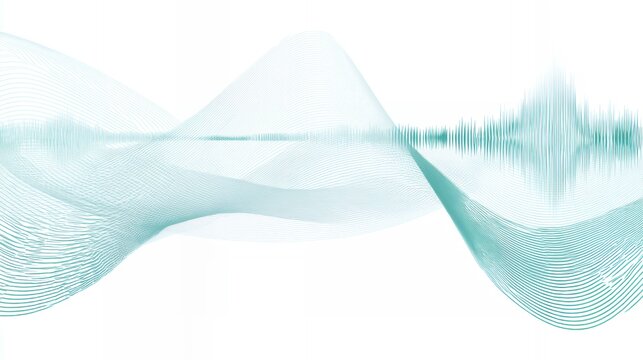Minimalist digital soundwave graphic with abstract flowing teal green lines and audio frequency data on a clean white background