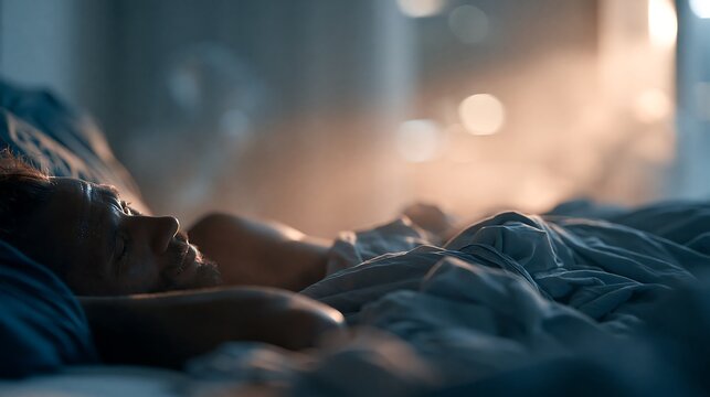 Man sleeping in an overheated bedroom during a tropical night with an electric fan, illustrating heat stress, poor sleep and climate change impacts on health
