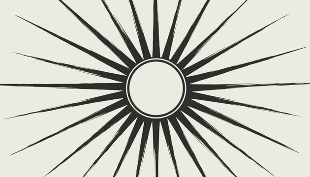 Bold graphic sunburst with sharp black rays radiating from a double-ring central circle on off-white.
