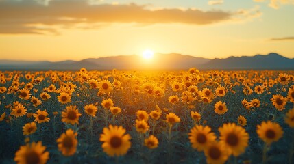 Obraz premium Golden sunset over a sunflower field with mountains