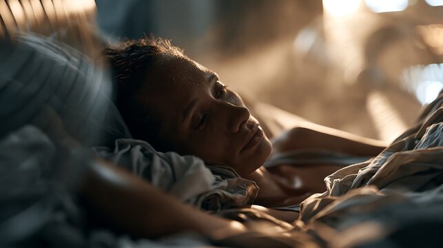 Exhausted woman lying awake in a hot bedroom during a tropical night, affected by extreme heat, heat stress and poor sleep despite electric fan cooling