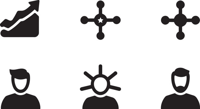 Rising Area Growth Chart Four Node Star Hub Four Node Central Network Young Man Avatar Sun Burst User Avatar Bearded Man Avatar Solid Glyph Icon Set Vector Asset