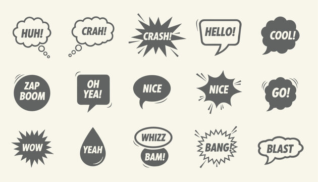 Large collection of black comic book speech bubbles with various expressions and sound effects on cream background.