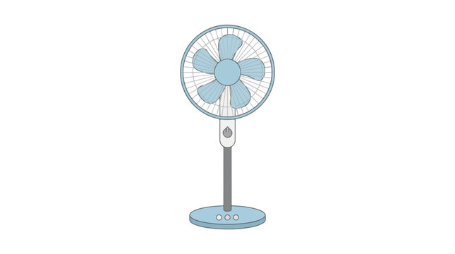 Modern blue electric standing fan with five blades and a circular base on a white background