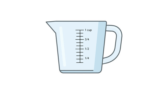 Clear plastic measuring cup with volume markings for cooking and baking
