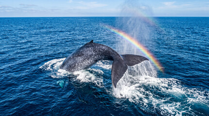 Naklejka premium Ballena emergiendo en el océano mientras expulsa un chorro de agua que forma un arcoíris. Escena de naturaleza marina con luz diurna y gran impacto visual.