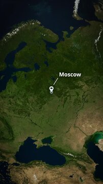 Earth globe zoom to Moscow, Russia, featuring a location pin marker, concentric circle highlight, and typography for a mobile app promo.
