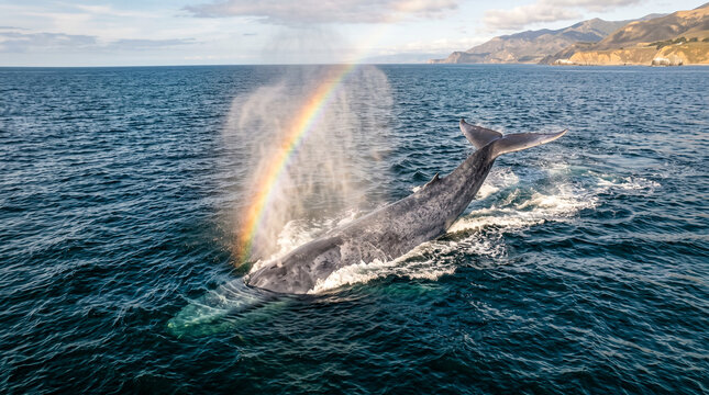 Ballena emergiendo en el oc&eacute;ano mientras expulsa un chorro de agua que forma un arco&iacute;ris. Escena de naturaleza marina con luz diurna y gran impacto visual.