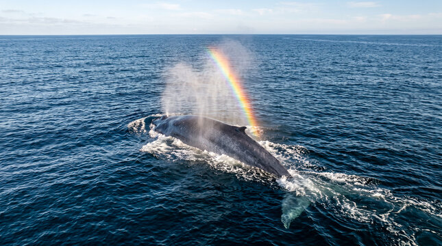 Ballena emergiendo en el oc&eacute;ano mientras expulsa un chorro de agua que forma un arco&iacute;ris. Escena de naturaleza marina con luz diurna y gran impacto visual.