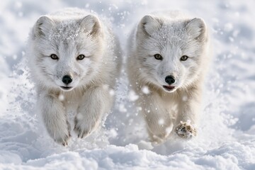 Obraz premium Two adorable arctic foxes playfully running through fresh snow, kicking up snowflakes in a winter wonderland.