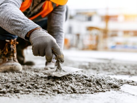 Close up view of construction worker leveling fresh wet concrete using metal trowel at building site, illustrating hard work, concrete finishing, civil engineering, and infrastructure project.