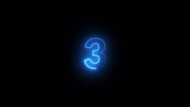 Glowing neon number 3 isolated on dark background, 3D blue illuminated digital number animation for countdown, leader, top rank, or anniversary glowing loop  mathmetical number from 0 to 10 with 4k .